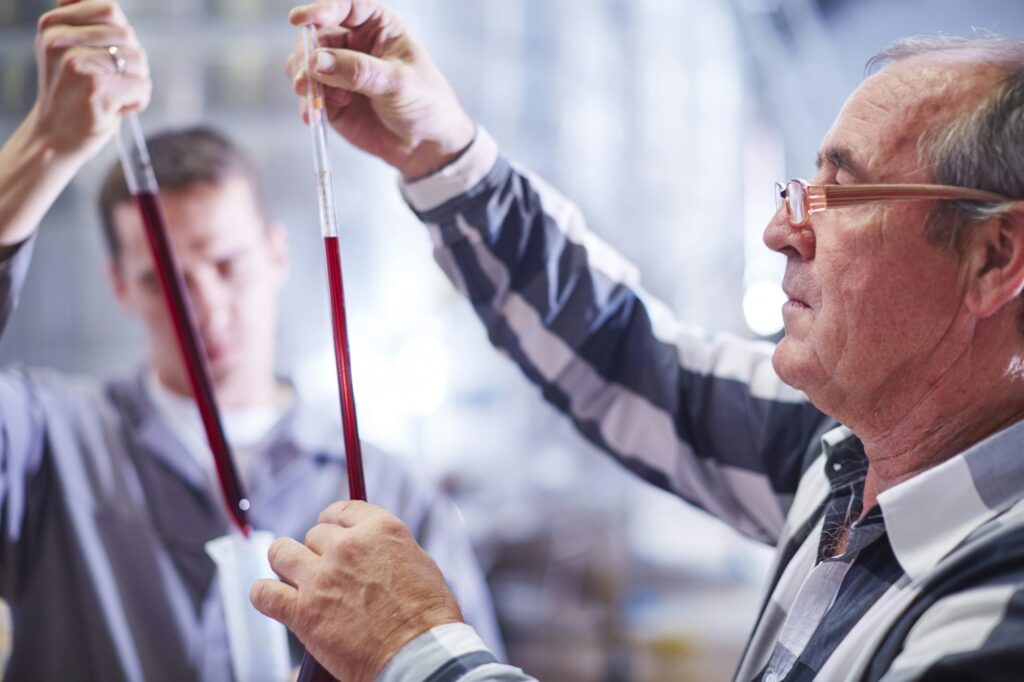 Wine makers examining wine blend